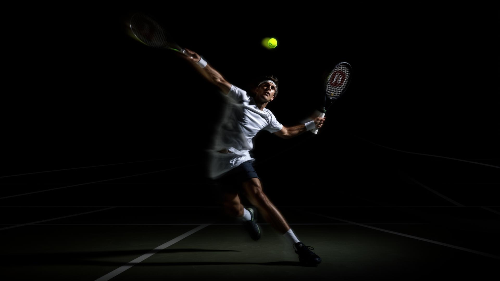 Tennis player mid-serve under dramatic spotlight